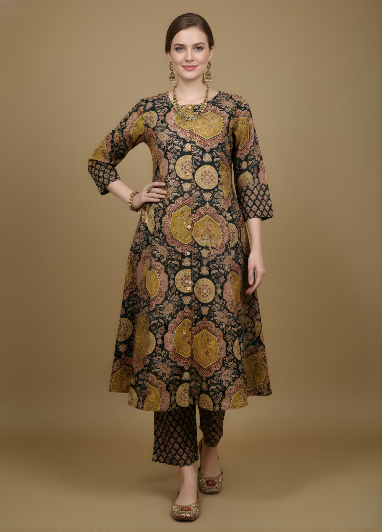 Aaronee black mustard ethnic print cotton kurti set front view