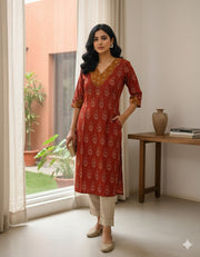 Rust Brown Handblock Print Pure Cotton Kurta Set with Beige Pants – Aaronee Ethnic Collection