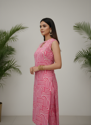 Pink geometric print cotton kurti set by Aaronee