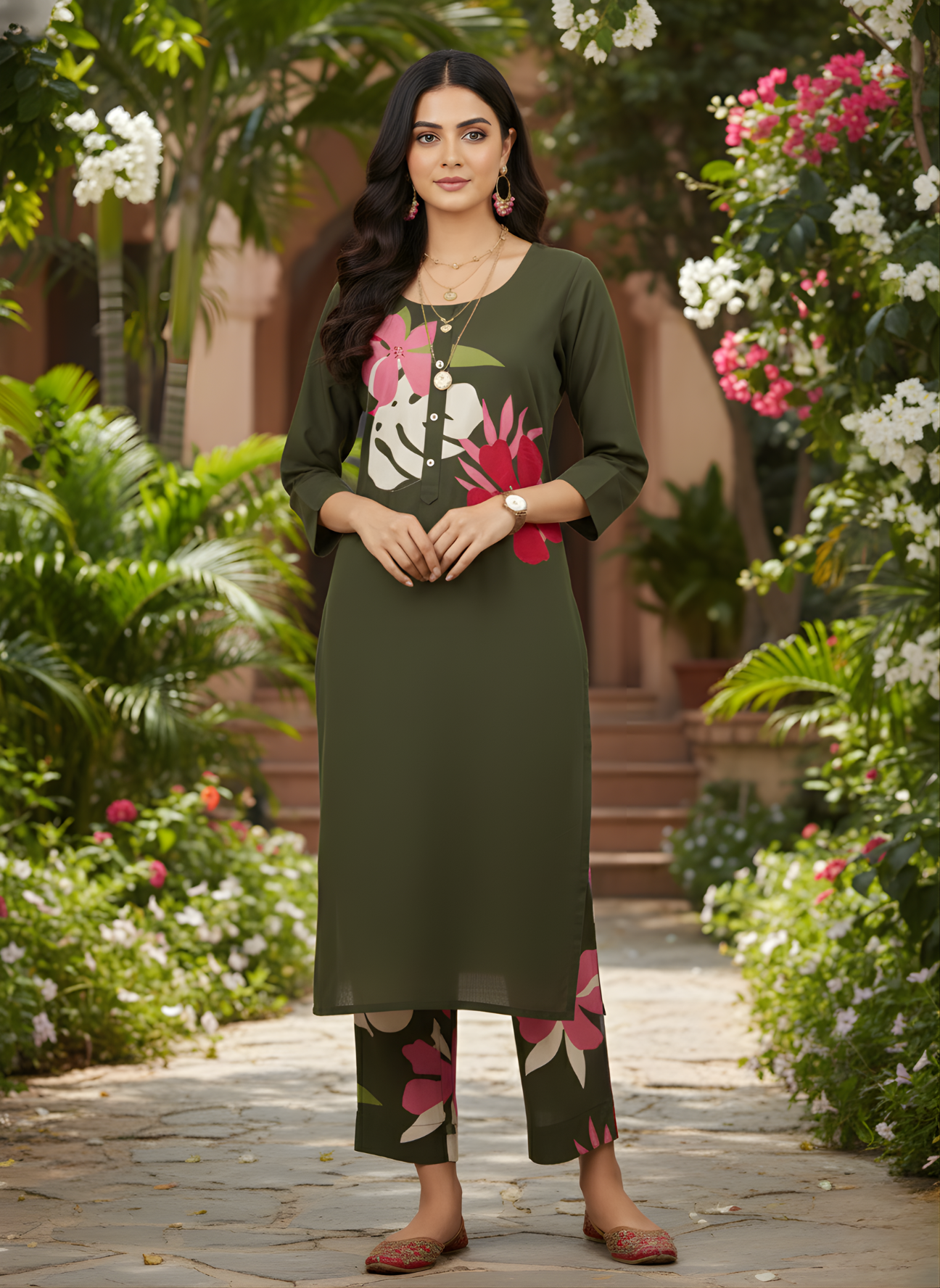Green floral printed kurta set for women by Aaronee