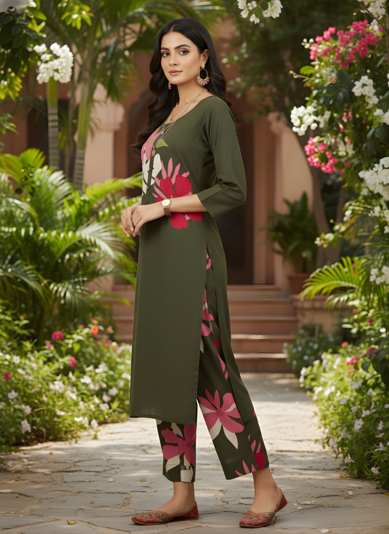 Olive green rayon kurta with pant set Jaipur style