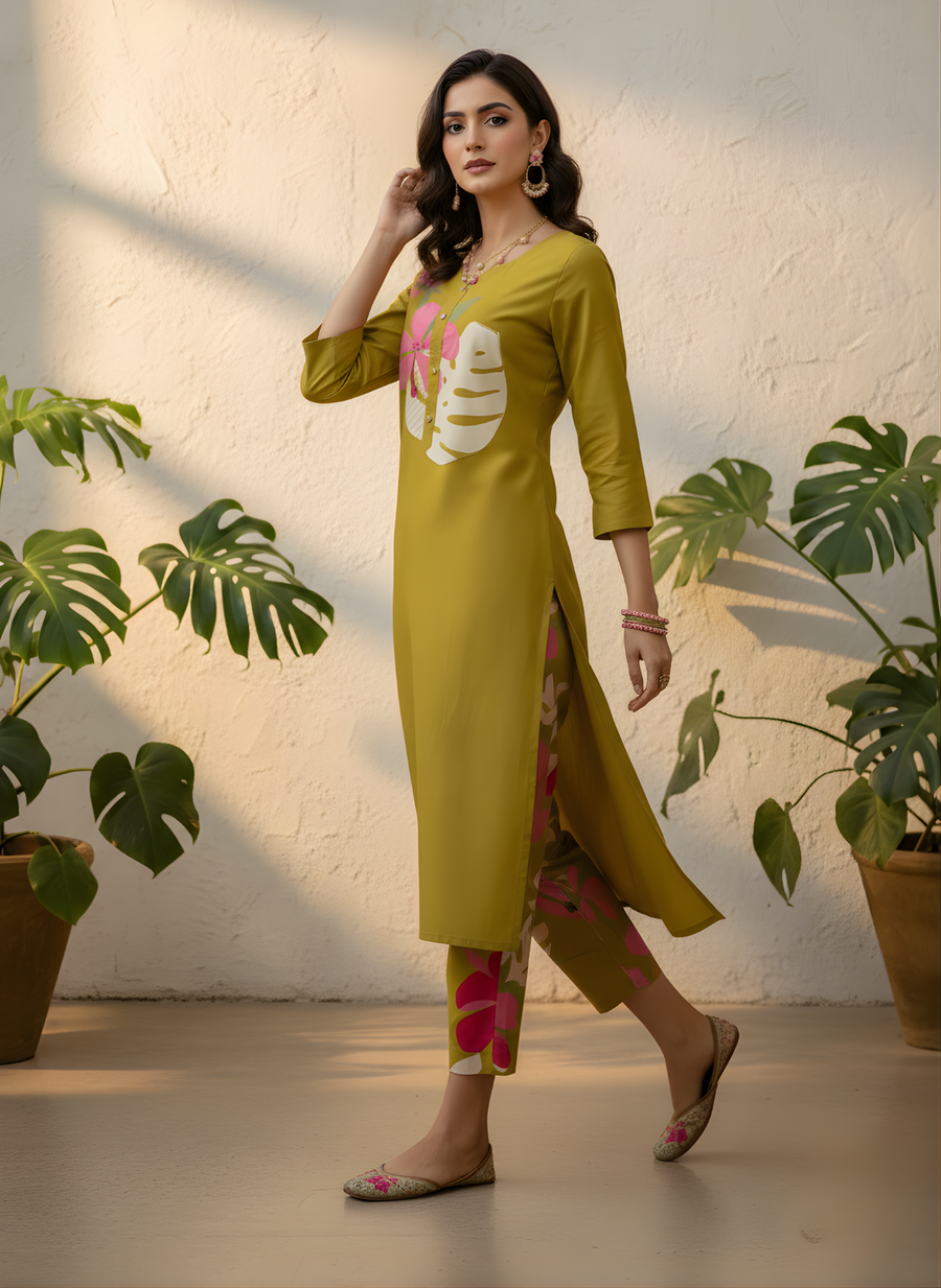 Mustard Rayon Kurta Set for Women