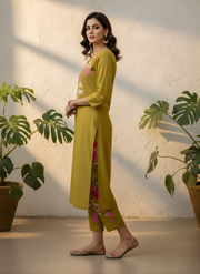 Elegant Mustard Floral Print Kurti Pant Set