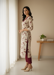 Elegant Cream Cotton Kurti Pant Set for Women