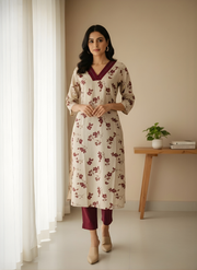 Pure Cotton Cream Maroon Floral Kurta Set Aaronee