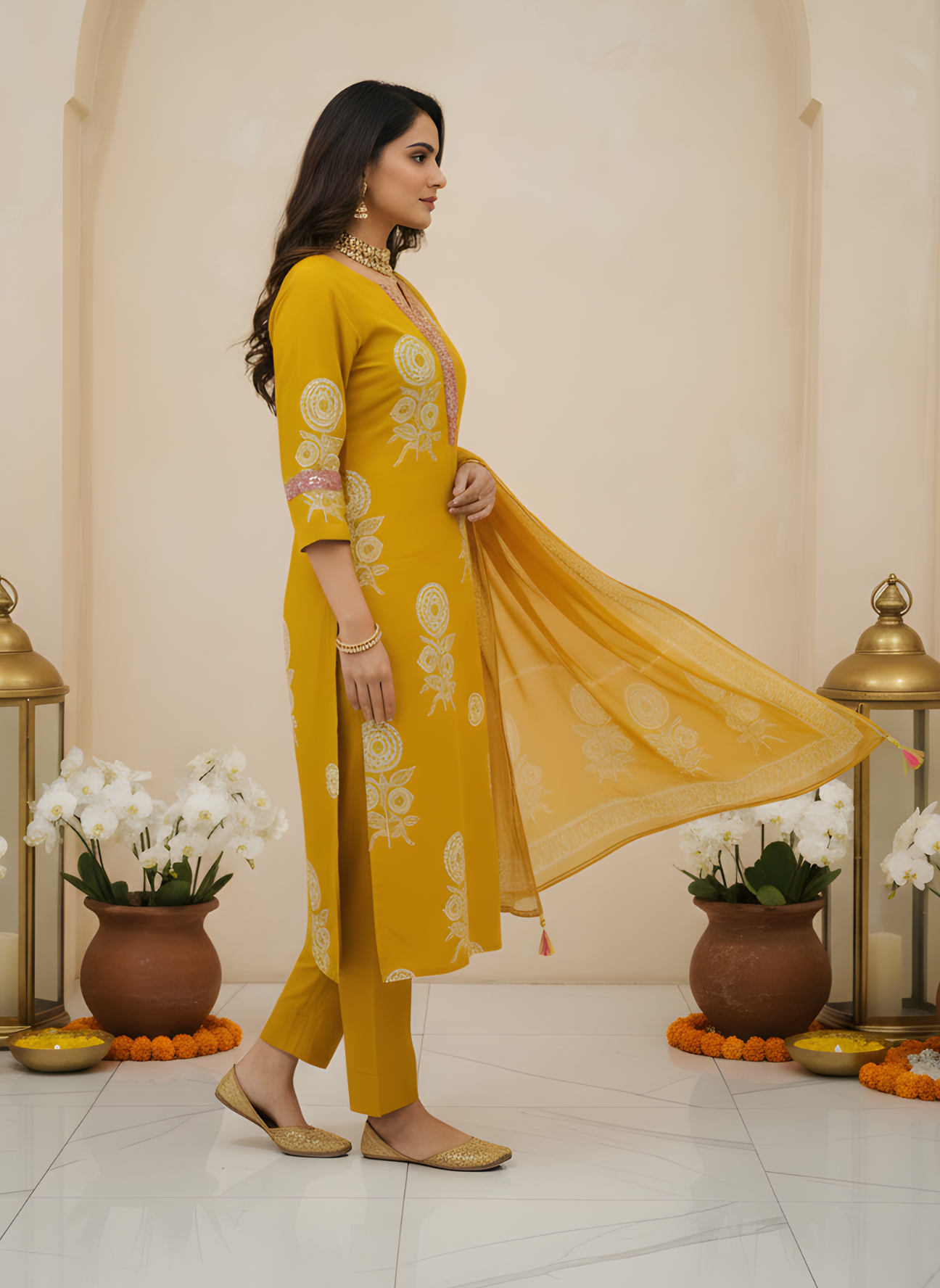 Designer Mustard Embroidered Kurta with Dupatta Aaronee