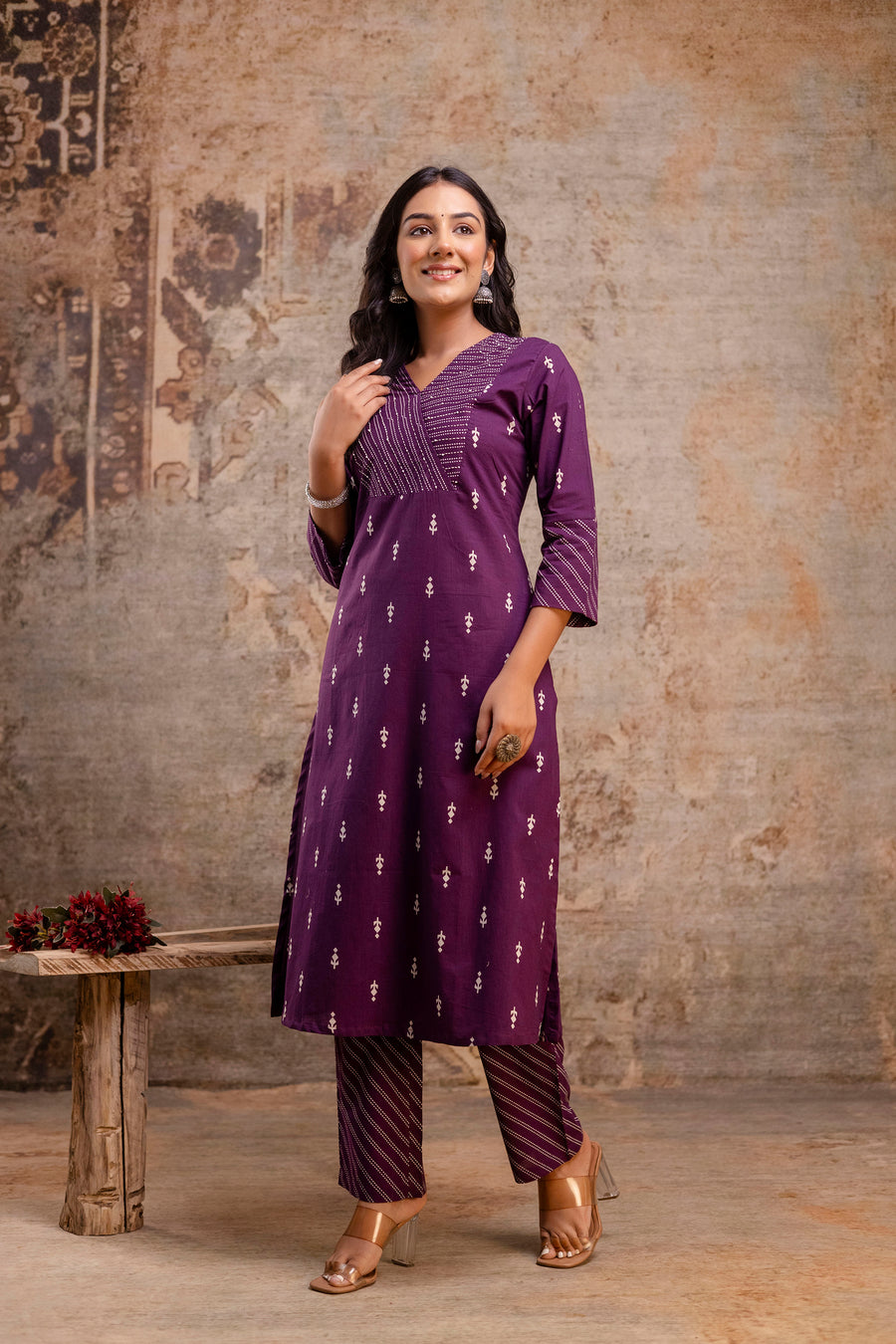 Aaronee 3-Piece Cotton Suit Set in Purple for Women