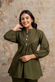Aaronee Balloon Sleeve Kurti Set in Olive Green

