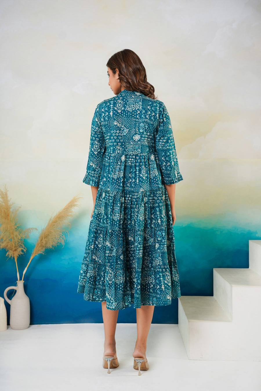Aaronee Boho Style A-Line Midi Dress in Teal Blue