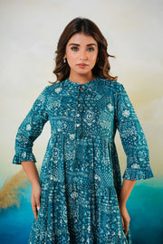 Aaronee Casual Teal Printed Dress in Cotton Fabric