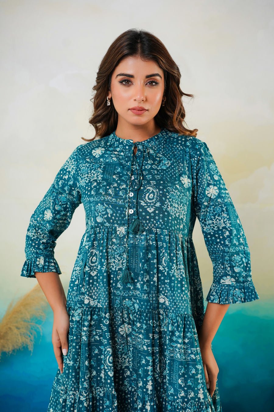 Aaronee Casual Teal Printed Dress in Cotton Fabric