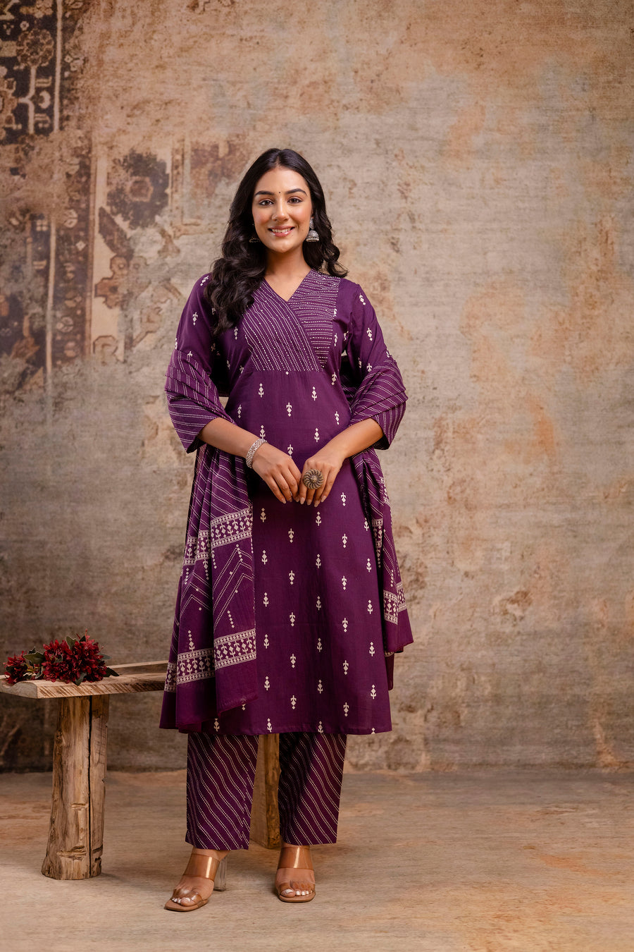 Aaronee Cotton Ethnic Set with Striped Dupatta – Purple