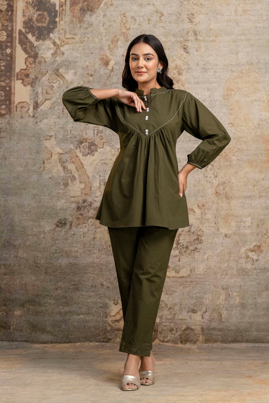 Aaronee Cotton Kurti Pant Set with Gathered Design