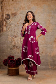 Aaronee Ethnic Maroon Kurti Set with White Bandhani Circles