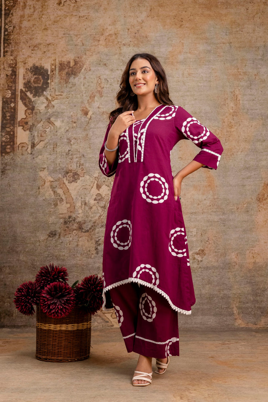 Aaronee Ethnic Maroon Kurti Set with White Bandhani Circles