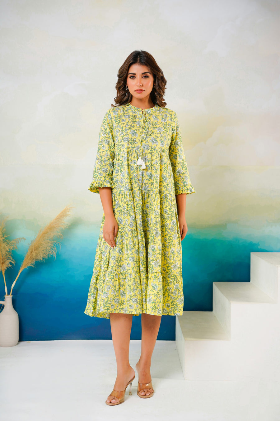 Aaronee Fancy Mustard Flared Dress