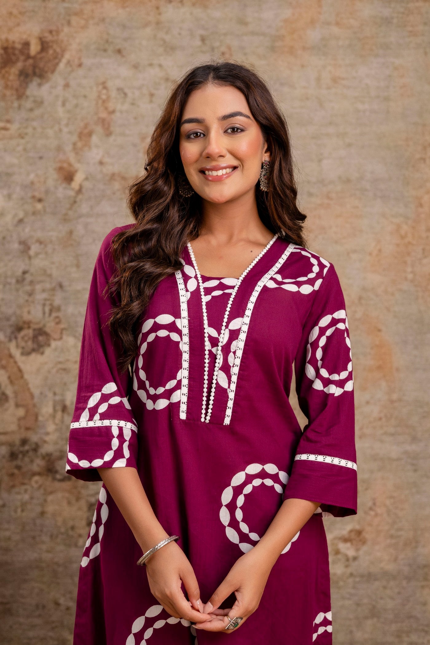 Aaronee High-Low Cotton Kurta Set in Maroon and White Print