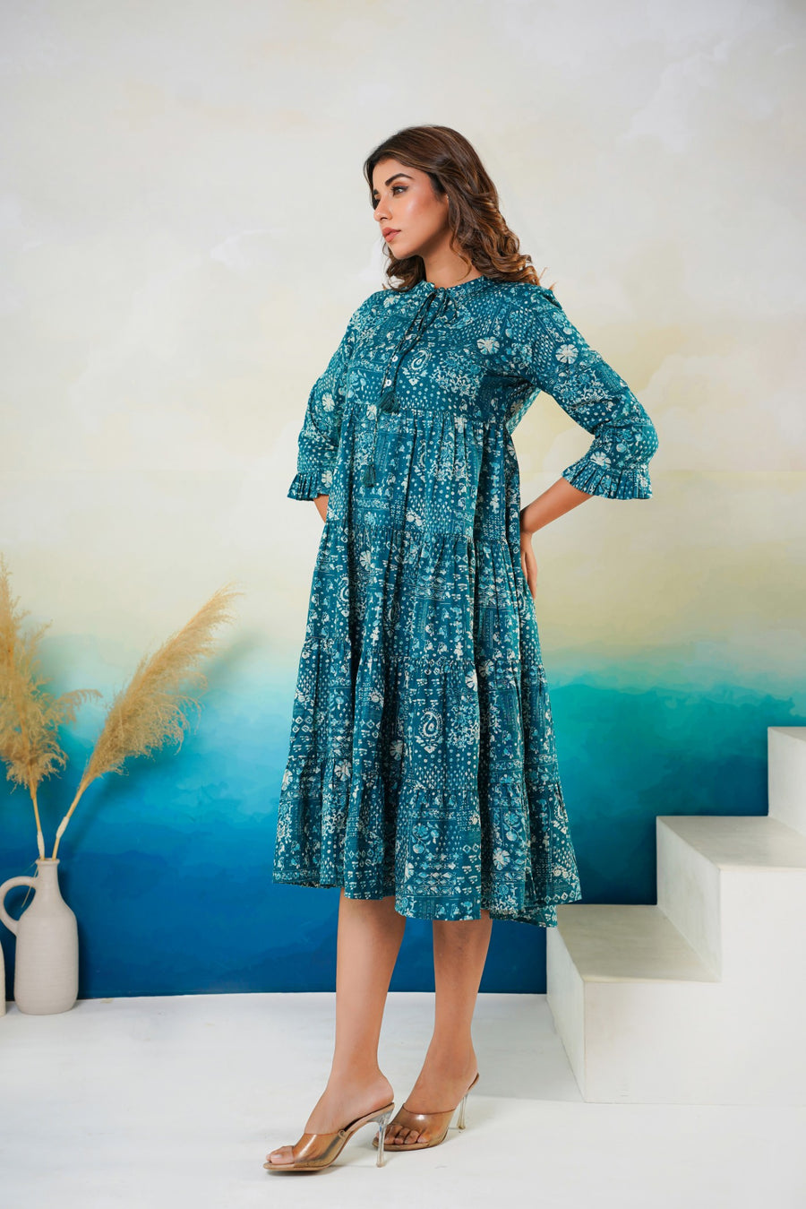 Aaronee Knee-Length Blue Midi Dress for Women