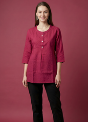 Aaronee Maroon Pure Cotton Embossed Panel Top for Women | Front View
