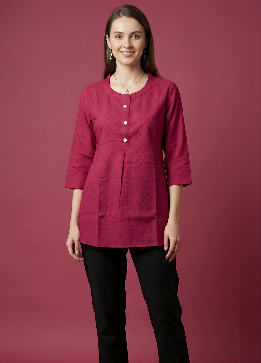 Aaronee Maroon Pure Cotton Embossed Panel Top for Women | Front View