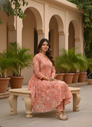 Aaronee Peach Floral Ethnic Kurti Set