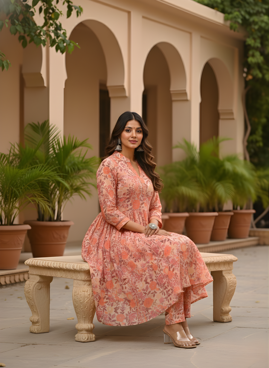 Aaronee Peach Floral Ethnic Kurti Set