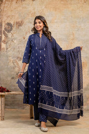 Aaronee Pure Cotton Kurta Pant and Dupatta Set in Blue