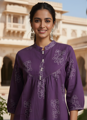 Aaronee Purple Pure Cotton Printed Short Kurti Top