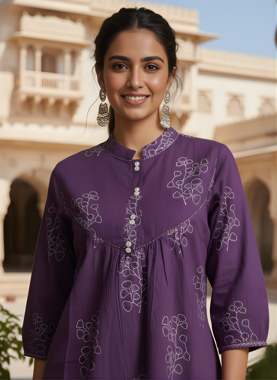 Aaronee Purple Pure Cotton Printed Short Kurti Top