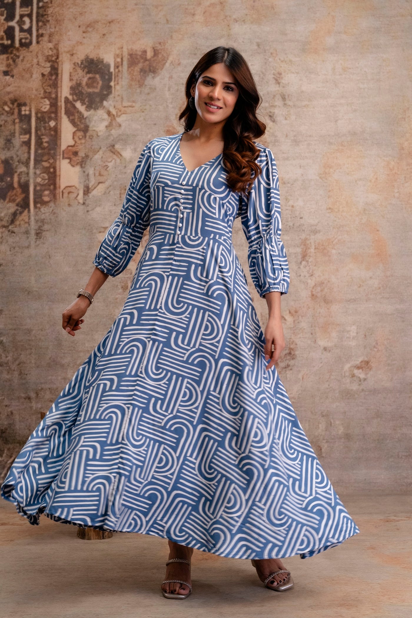 Aaronee blue abstract print rayon middy