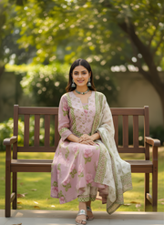 Aaronee blush pink floral cotton kurta set with dupatta
