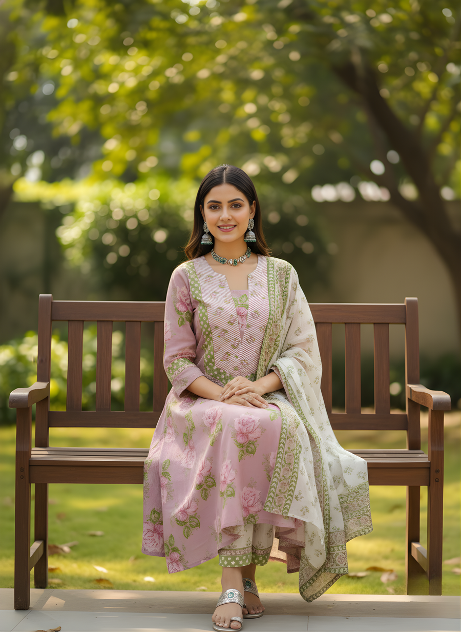 Aaronee blush pink floral cotton kurta set with dupatta