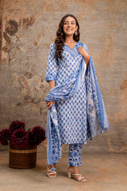 Aaronee pure cotton blue floral dupatta set