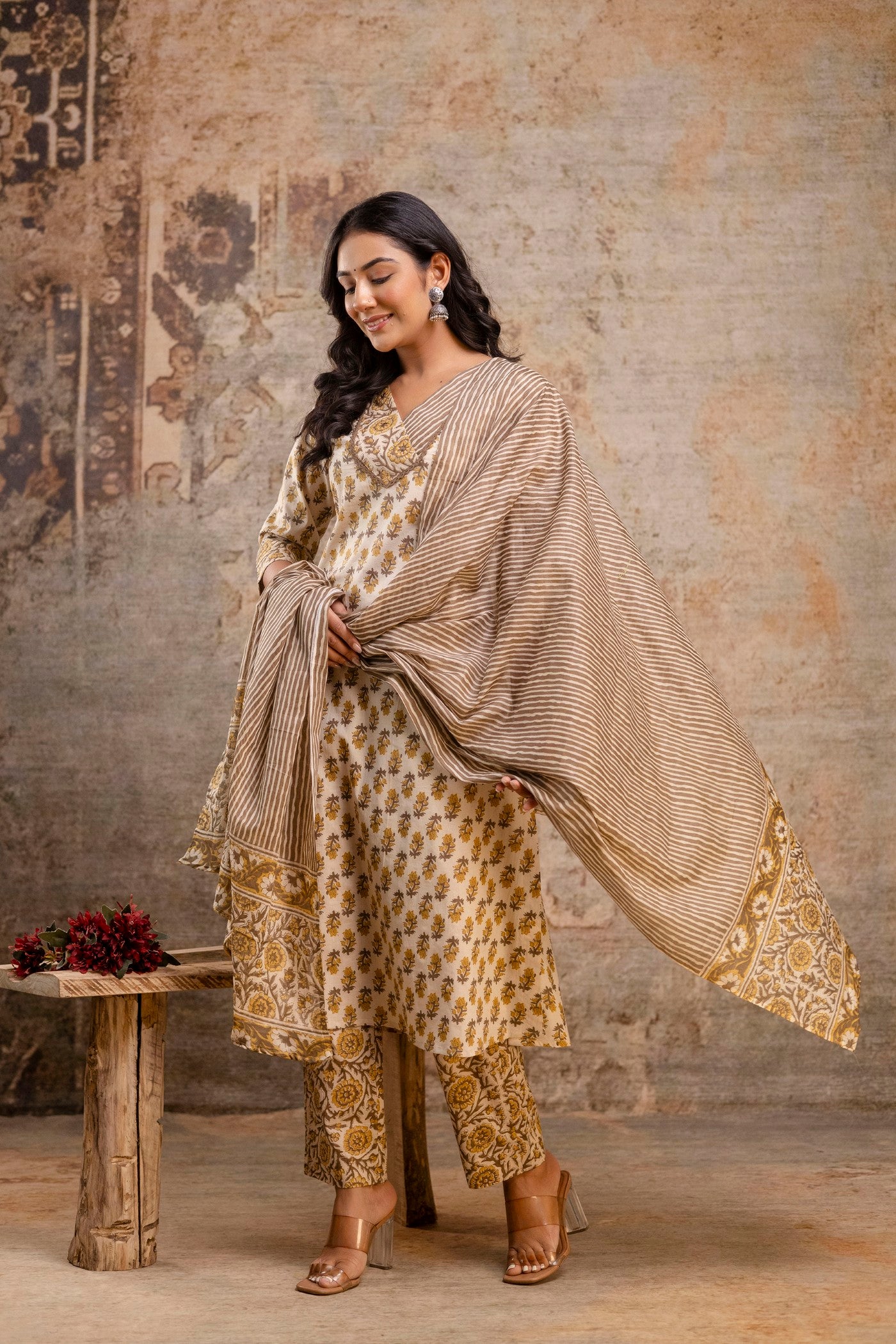 Aaronee beige mustard floral cotton dupatta set