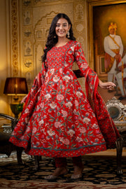 Classic Red Cotton Anarkali Kurta Set for Women with Dupatta