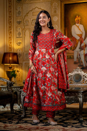 Classic Red Cotton Anarkali Kurta Set for Women with Dupatta