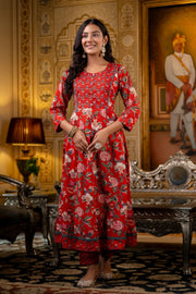 Classic Red Cotton Anarkali Kurta Set for Women with Dupatta