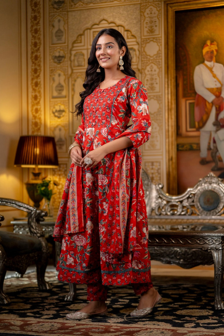 Classic Red Cotton Anarkali Kurta Set for Women with Dupatta