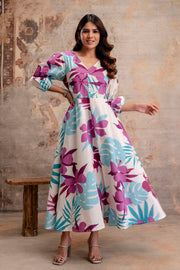Aqua floral V-neck cotton dress