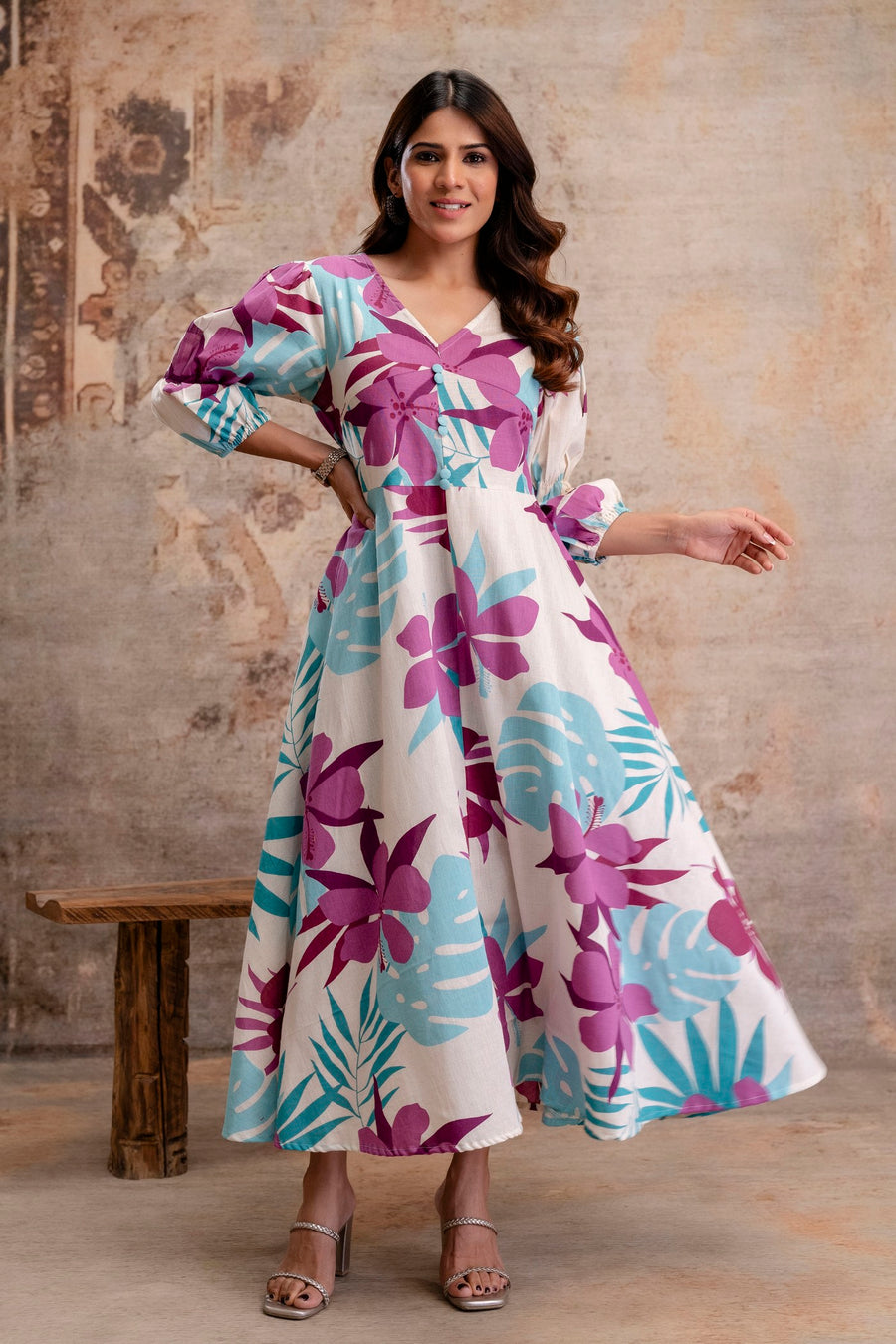 Aqua floral V-neck cotton dress