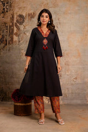 Black cotton kurta set with hand embroidery