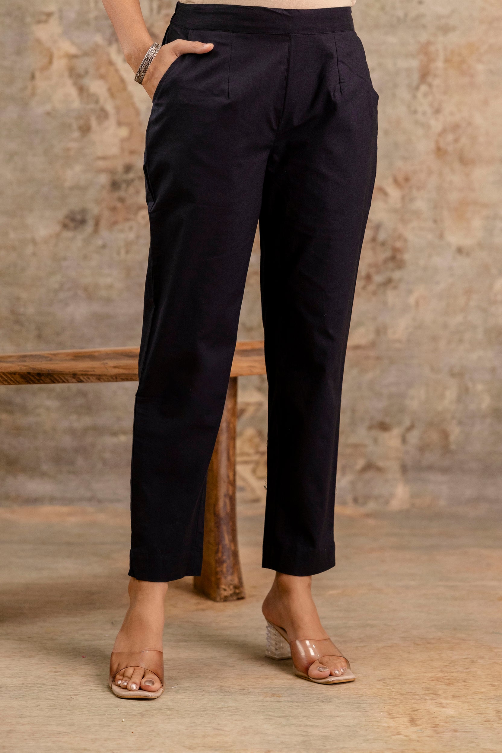 Aaronee solid black cotton trousers