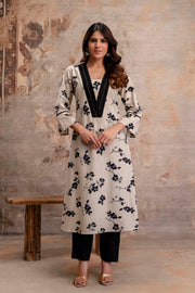 Black floral print cotton kurta set for women