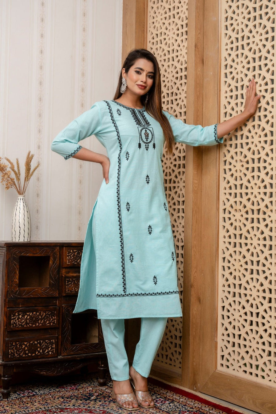 Elegant Blue Kurti Set with Black Embroidery