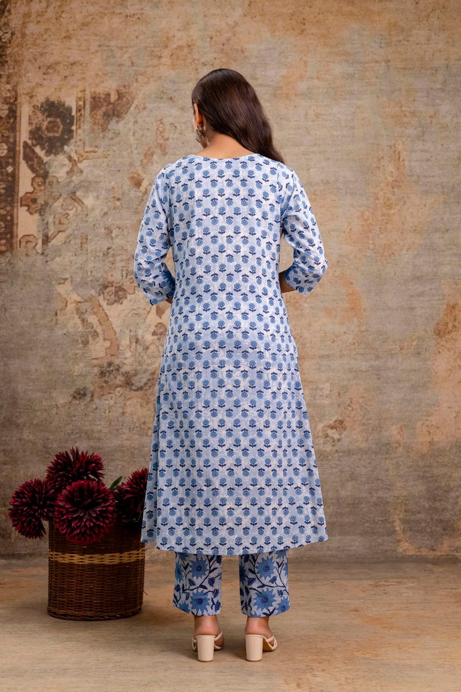 Blue and white cotton suit with dupatta
