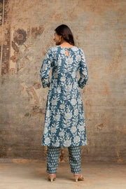 Breathable blue cotton kurta pant set