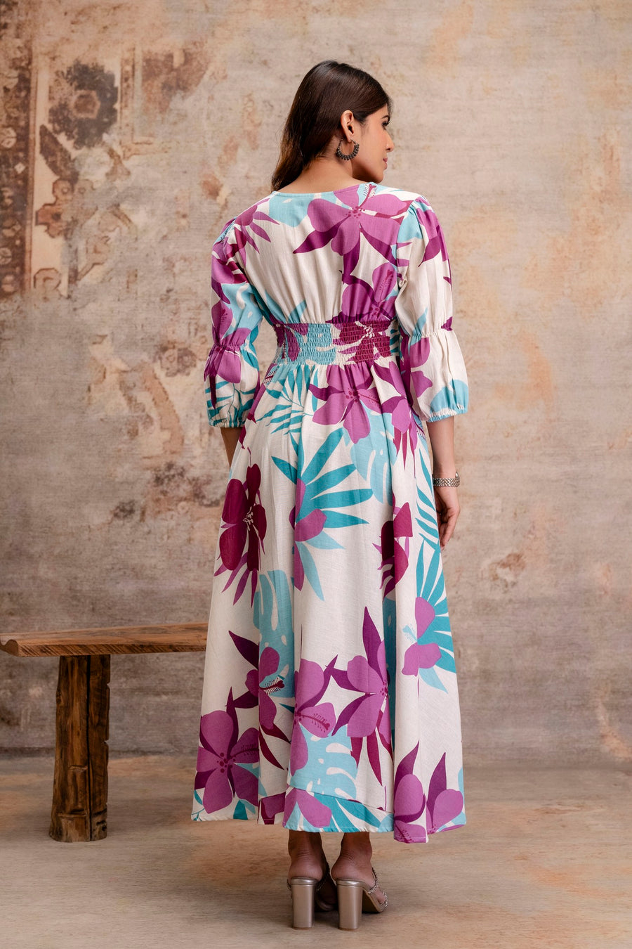 Calf-length printed cotton dress