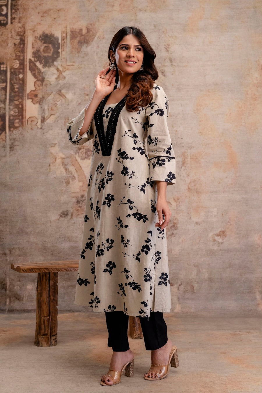 Comfortable black and beige floral kurti set