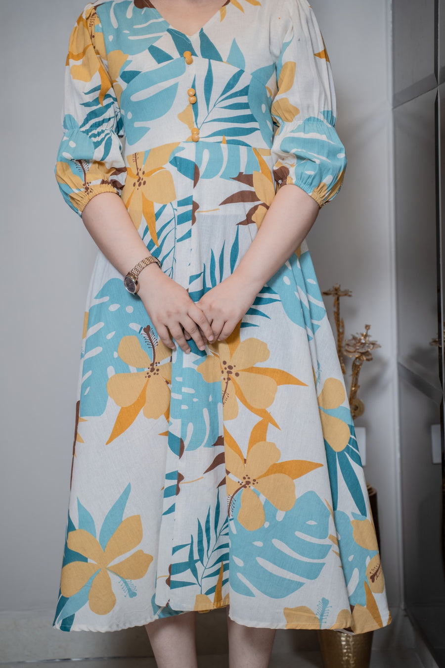 Aaronee Pure Cotton Yellow & Blue Floral Print Middy Dress for Women