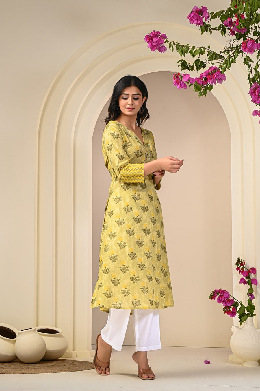 Mehndi Green Elegance Yellow Printed Kurti